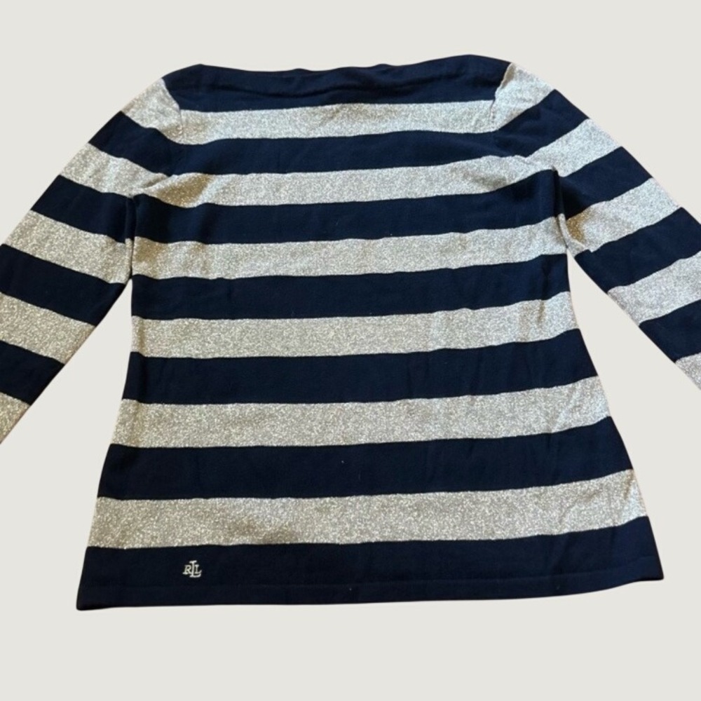 Lauren Ralph Lauren Knit Top Striped Metallic Navy Silver M Preppy Nautical Chic